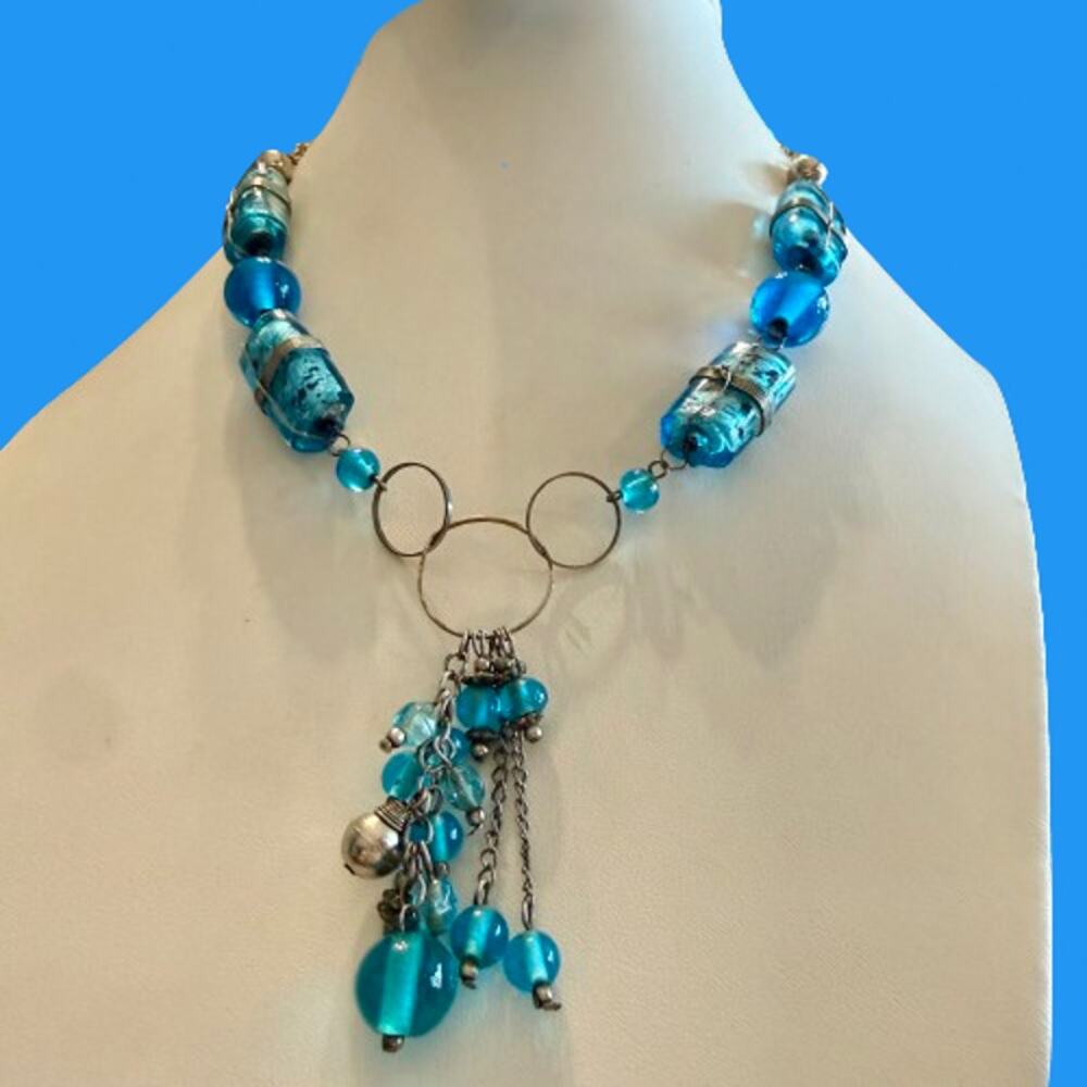 Handcrafted Artisan Wire Wrapped Blue Glass Beaded Necklace